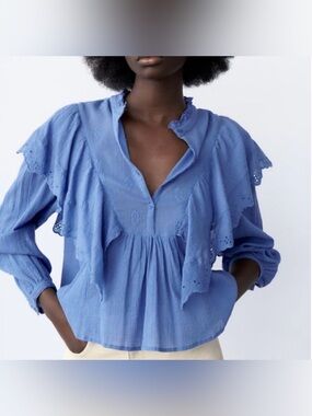 Zara Blue Blouse Featuring Prominent Eyelet Embroidered Ruffles (SKU691)